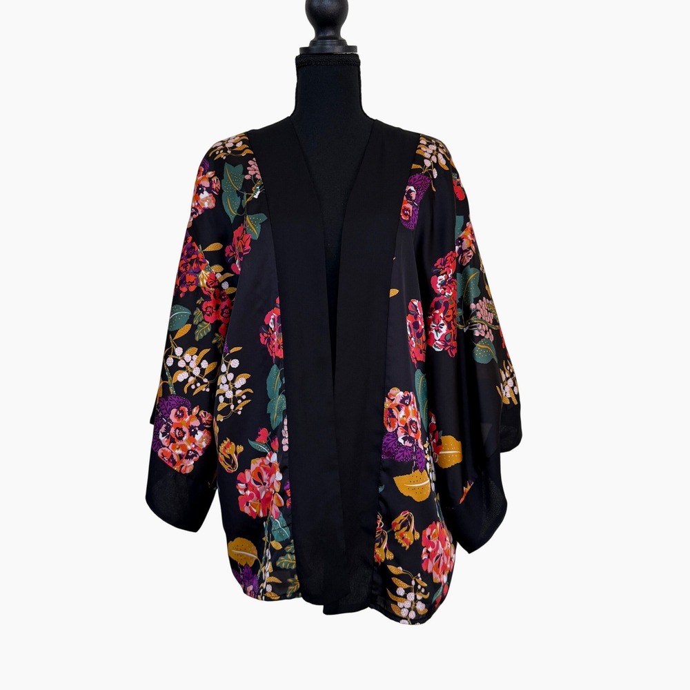 H&M Conscious Womens Boho Floral Kimono Cardigan Black XS/S Sustainable Festival